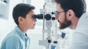 Eye care practitioner examining a child during an eye exam.